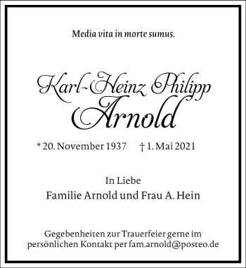 Traueranzeige von Karl-Heinz Philipp Arnold von Frankfurter Allgemeine Zeitung