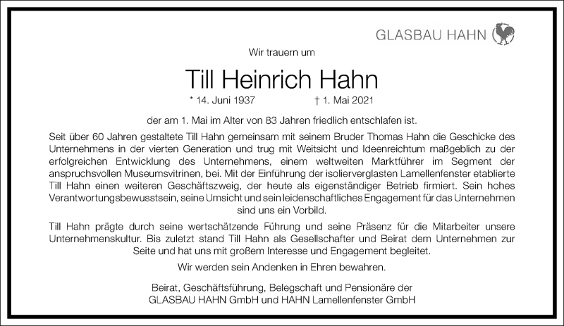  Traueranzeige für Till Heinrich Hahn vom 08.05.2021 aus Frankfurter Allgemeine Zeitung