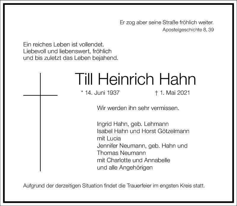  Traueranzeige für Till Heinrich Hahn vom 08.05.2021 aus Frankfurter Allgemeine Zeitung