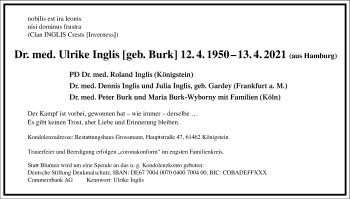 Traueranzeige von Ulrike Inglis von Frankfurter Allgemeine Zeitung