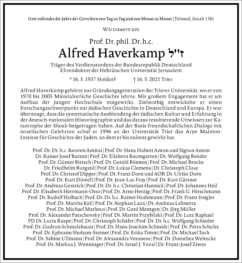  Traueranzeige für Alfred Haverkamp vom 29.05.2021 aus Frankfurter Allgemeine Zeitung