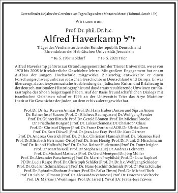 Traueranzeige von Alfred Haverkamp von Frankfurter Allgemeine Zeitung