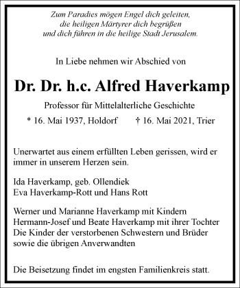 Traueranzeige von Alfred Haverkamp von Frankfurter Allgemeine Zeitung