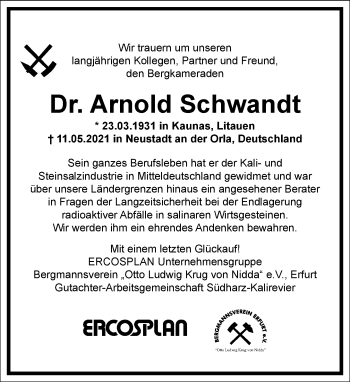 Traueranzeige von Arnold Schwandt von Frankfurter Allgemeine Zeitung