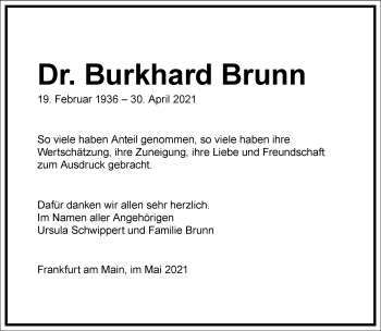 Traueranzeige von Burkhard Brunn von Frankfurter Allgemeine Zeitung