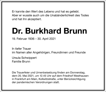 Traueranzeige von Burkhard Brunn von Frankfurter Allgemeine Zeitung