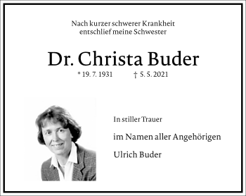 Traueranzeige von Christa Buder von Frankfurter Allgemeine Zeitung