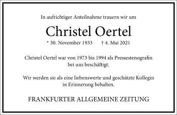 Traueranzeige von Christel Oertel von Frankfurter Allgemeine Zeitung