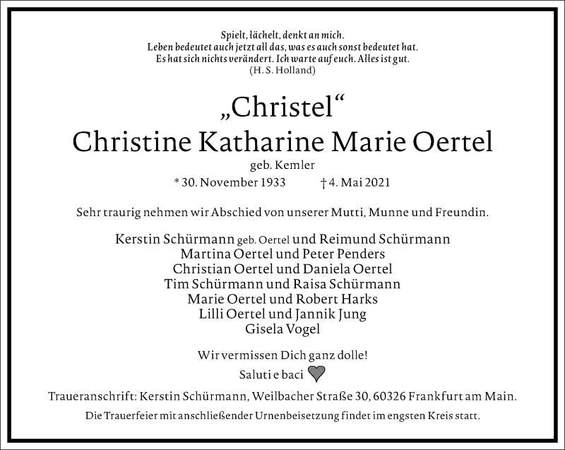  Traueranzeige für Christine Katharine Marie Oertel vom 20.05.2021 aus Frankfurter Allgemeine Zeitung