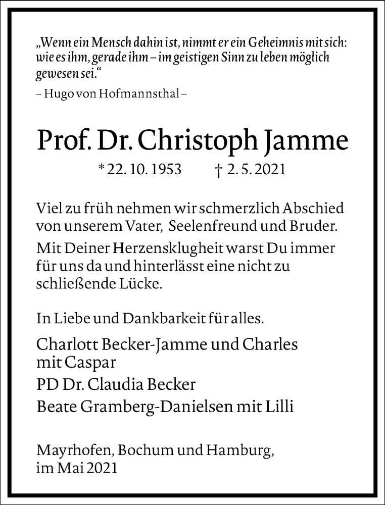  Traueranzeige für Christoph Jamme vom 15.05.2021 aus Frankfurter Allgemeine Zeitung