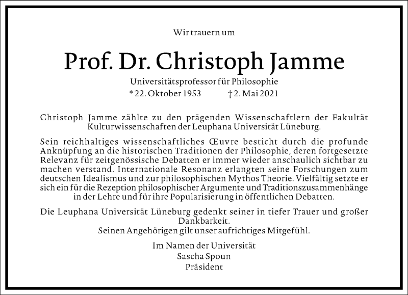  Traueranzeige für Christoph Jamme vom 15.05.2021 aus Frankfurter Allgemeine Zeitung