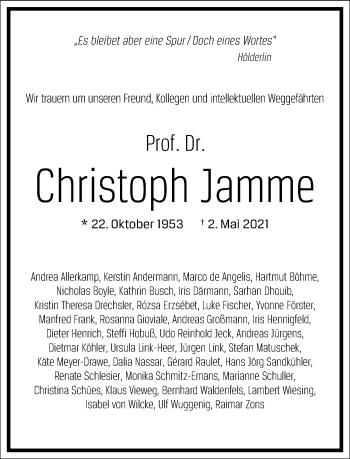 Traueranzeige von Christoph Jamme von Frankfurter Allgemeine Zeitung