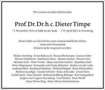 Traueranzeige von Dieter Timpe von Frankfurter Allgemeine Zeitung