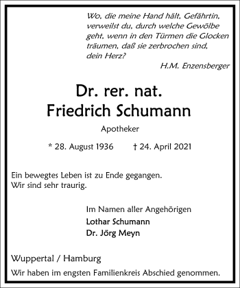 Traueranzeige von Friedrich Schumann von Frankfurter Allgemeine Zeitung