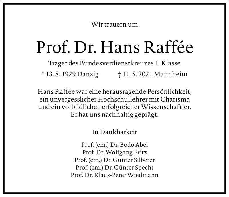  Traueranzeige für Hans Raffee vom 15.05.2021 aus Frankfurter Allgemeine Zeitung