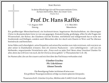 Traueranzeige von Hans Raffee von Frankfurter Allgemeine Zeitung