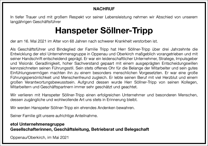  Traueranzeige für Hanspeter Söllner-Tripp vom 26.05.2021 aus Frankfurter Allgemeine Zeitung