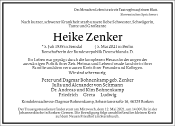 Traueranzeige von Heike Zenker von Frankfurter Allgemeine Zeitung