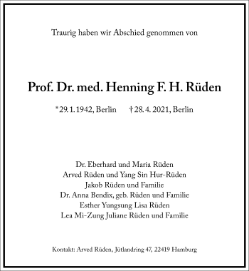 Traueranzeige von Henning F. H. Rüden von Frankfurter Allgemeine Zeitung