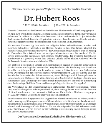 Traueranzeige von Hubert Roos von Frankfurter Allgemeine Zeitung