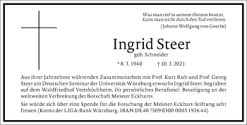 Traueranzeige von Ingrid Steer von Frankfurter Allgemeine Zeitung