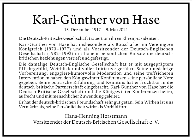  Traueranzeige für Karl-Günther von Hase vom 15.05.2021 aus Frankfurter Allgemeine Zeitung