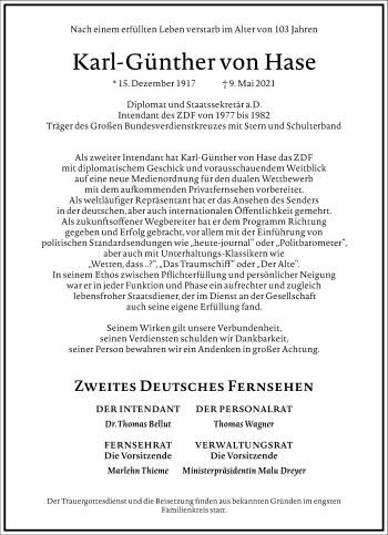 Traueranzeige von Karl-Günther von Hase von Frankfurter Allgemeine Zeitung