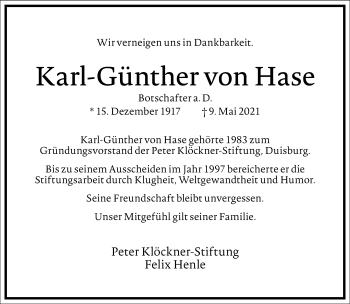 Traueranzeige von Karl-Günther von Hase von Frankfurter Allgemeine Zeitung