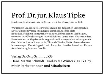 Traueranzeige von Klaus Tipke von Frankfurter Allgemeine Zeitung