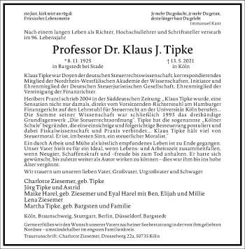 Traueranzeige von Klaus J. Tipke von Frankfurter Allgemeine Zeitung