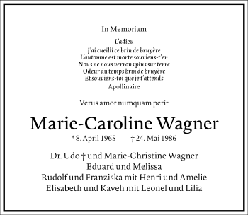 Traueranzeige von Marie-Caroline Wagner von Frankfurter Allgemeine Zeitung