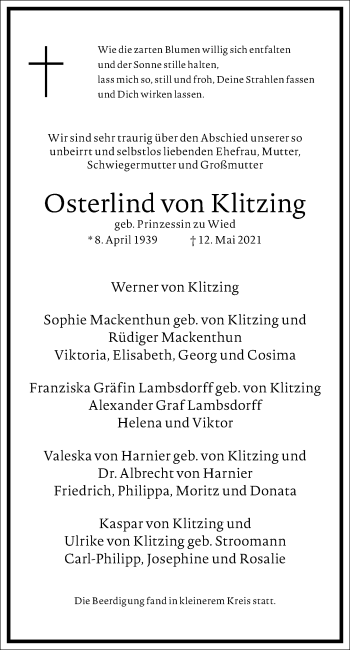 Traueranzeige von Osterlind von Klitzing von Frankfurter Allgemeine Zeitung