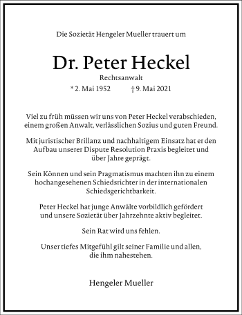 Traueranzeige von Peter Heckel von Frankfurter Allgemeine Zeitung