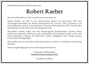 Traueranzeige von Robert Raeber von Frankfurter Allgemeine Zeitung