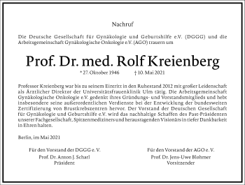 Traueranzeige von Rolf Kreienberg von Frankfurter Allgemeine Zeitung