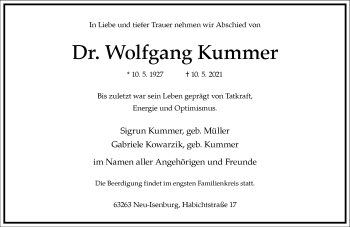 Traueranzeige von Wolfgang Kummer von Frankfurter Allgemeine Zeitung