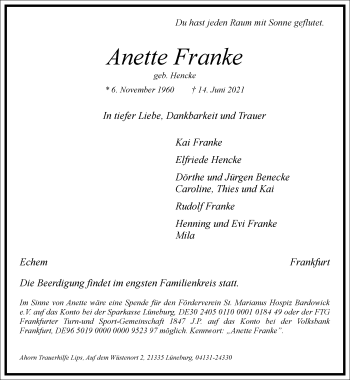 Traueranzeige von Anette Franke von Frankfurter Allgemeine Zeitung