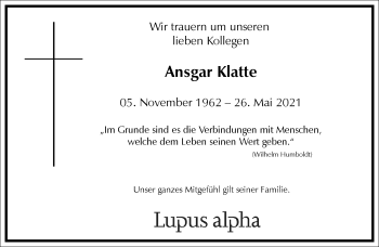 Traueranzeige von Ansgar Klatte von Frankfurter Allgemeine Zeitung