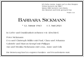 Traueranzeige von Barbara Sickmann von Frankfurter Allgemeine Zeitung