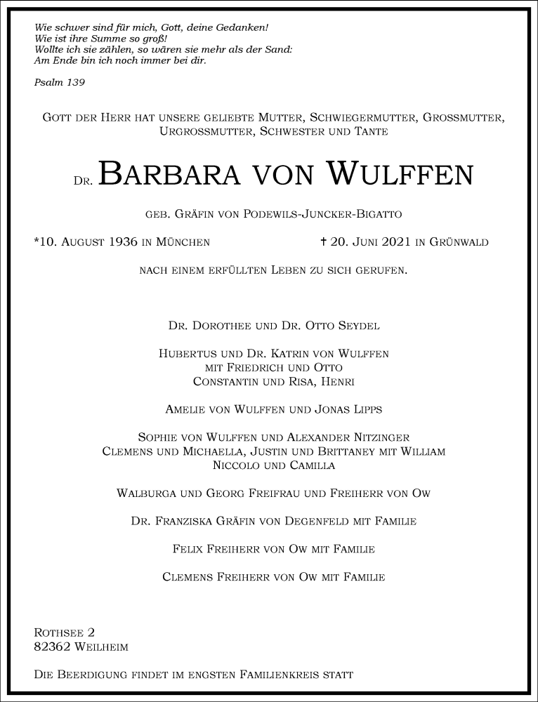  Traueranzeige für Barbara von Wulffen vom 26.06.2021 aus Frankfurter Allgemeine Zeitung