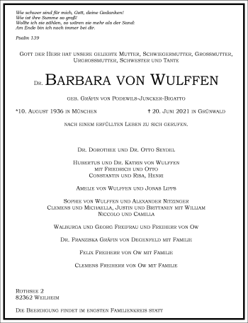 Traueranzeige von Barbara von Wulffen von Frankfurter Allgemeine Zeitung