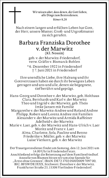 Traueranzeige von Barbara Franziska Dorothee v. der Marwitz von Frankfurter Allgemeine Zeitung