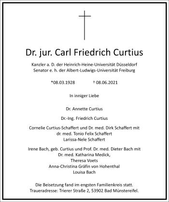 Traueranzeige von Carl Friedrich Curtius von Frankfurter Allgemeine Zeitung