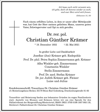 Traueranzeige von Christian Günther Krämer von Frankfurter Allgemeine Zeitung