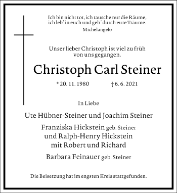 Traueranzeige von Christoph Carl Steiner von Frankfurter Allgemeine Zeitung