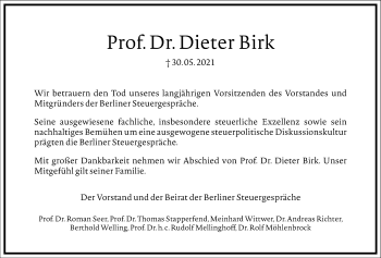 Traueranzeige von Dieter Birk von Frankfurter Allgemeine Zeitung