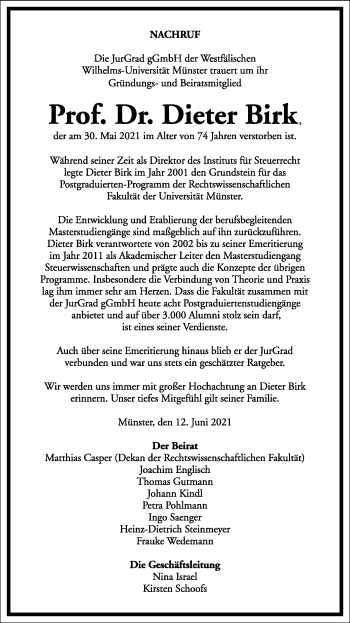 Traueranzeige von Dieter Birk von Frankfurter Allgemeine Zeitung