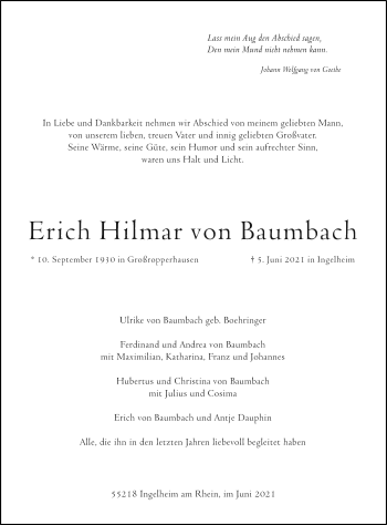 Traueranzeige von Erich Hilmar von Baumbach von Frankfurter Allgemeine Zeitung