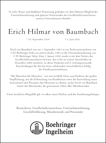 Traueranzeige von Erich Hilmar von Baumbach von Frankfurter Allgemeine Zeitung