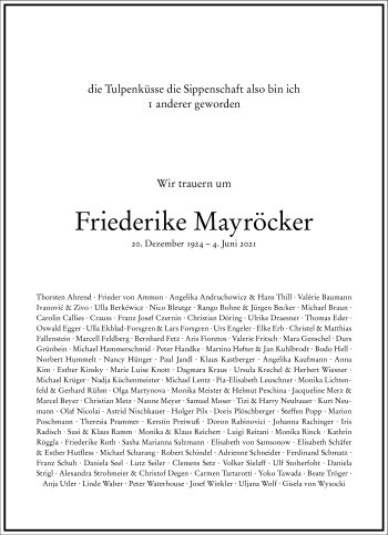 Traueranzeige von Friederike Mayröcker von Frankfurter Allgemeine Zeitung